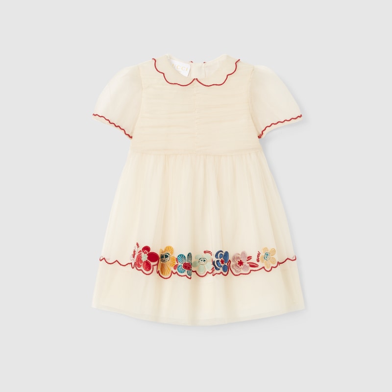 Gucci Babies' Tulle Dress With Embroidery In Neutral