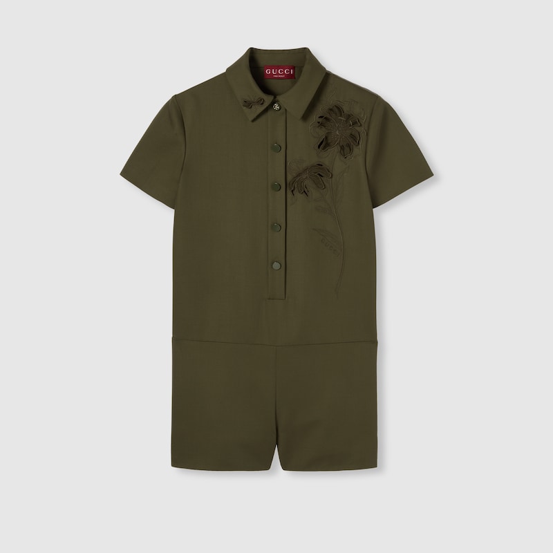 Gucci Light Wool Jumpsuit With Embroidery In Green