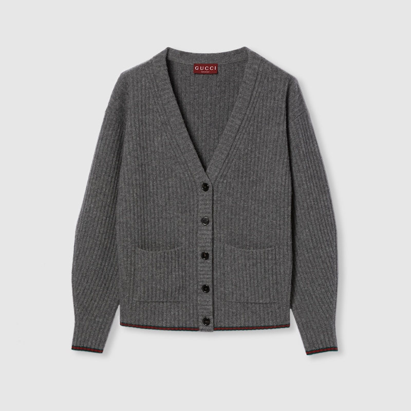 Gucci Rib Felted Wool Cardigan With Web In Gray