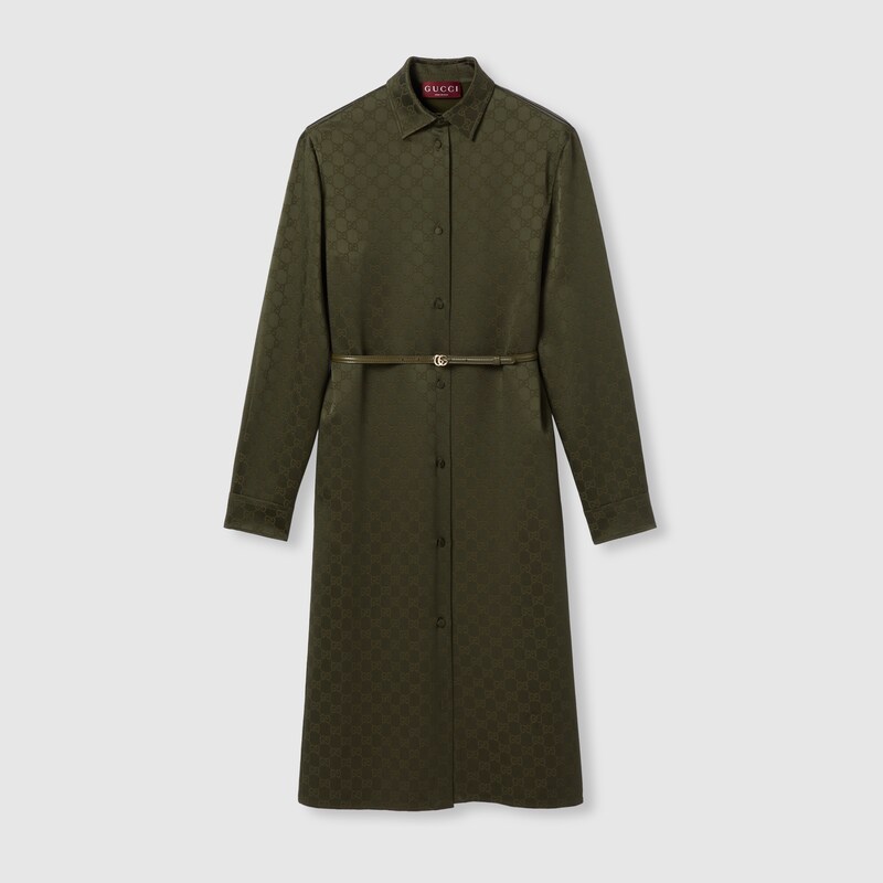 Gucci Gg Belted Satin Jacquard Shirt Dress In Green