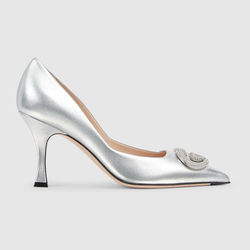 Gucci Alicia Interlocking G 55 Leather Pumps In Silver