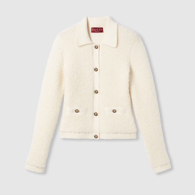 Gucci Wool Bouclé Polo Cardigan In White