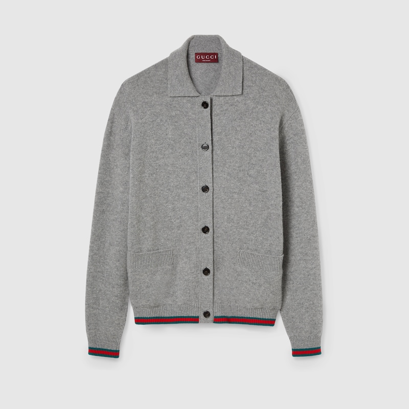 Gucci Wool And Cashmere Cardigan With Web In Gray