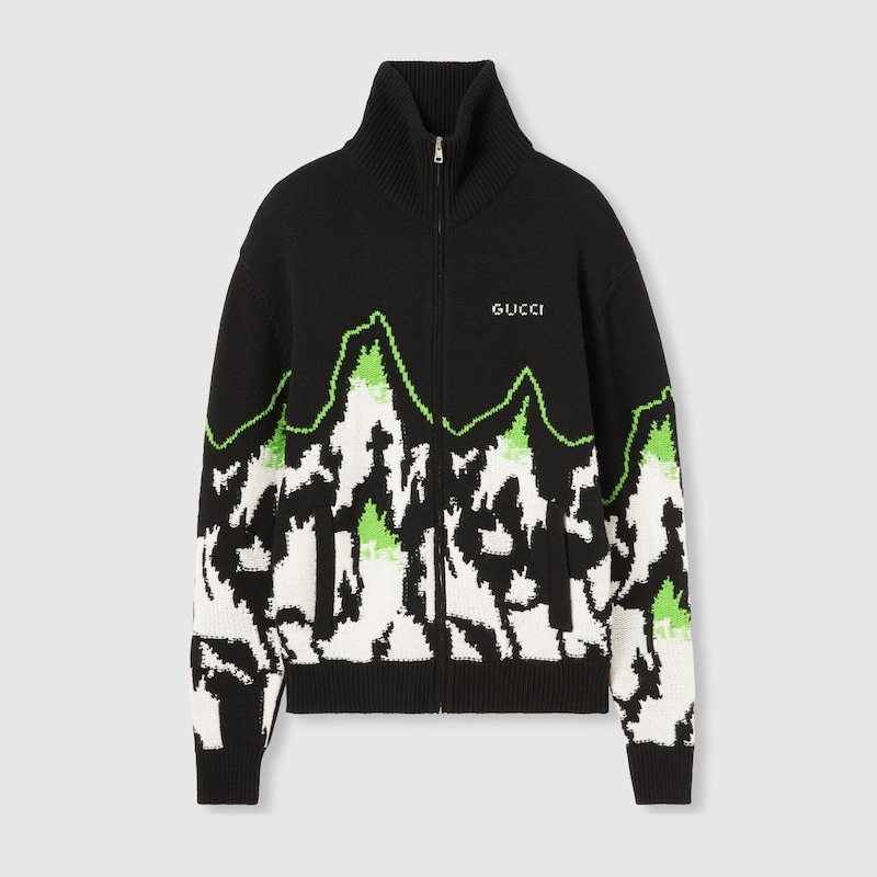 Gucci Wool Jacquard Zip Jacket With Intarsia In Black