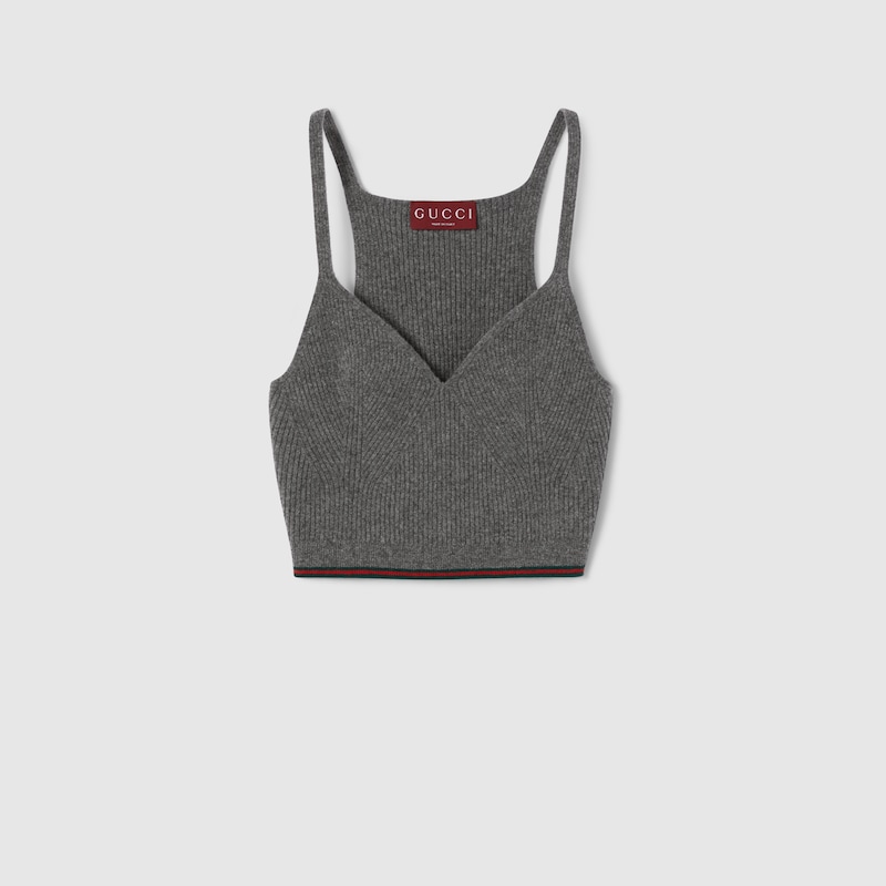 Gucci Felted Wool Ribbed Top With Web In Gray