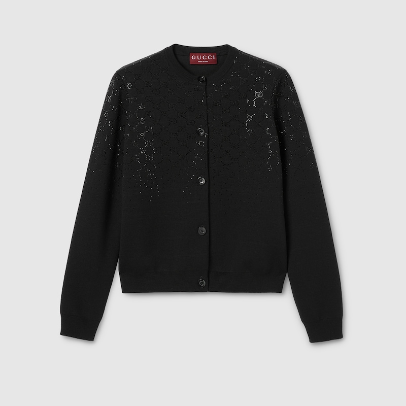 Gucci Fine Wool Cardigan With Gg Crystals In Black
