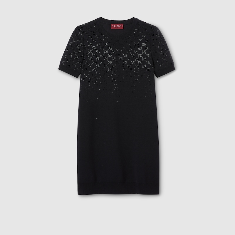 Gucci Fine Wool Dress With Gg Crystals In Black