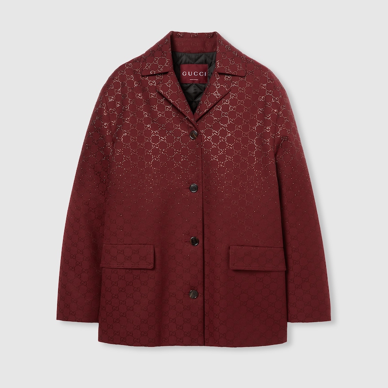 Gucci Padded Gg Canvas Jacket With Crystals In Burgundy