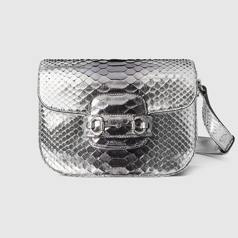 Gucci Horsebit 1955 Aura Python Mini Shoulder Bag In Silver