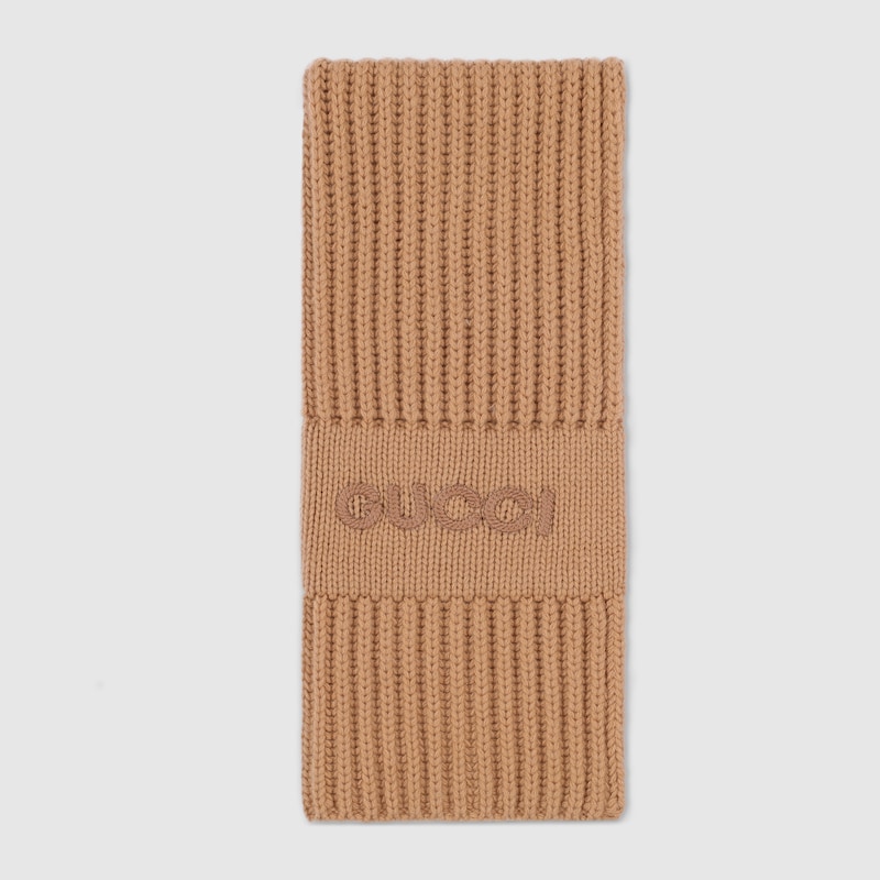 Gucci Wool Cashmere Scarf With Embroidery In Brown