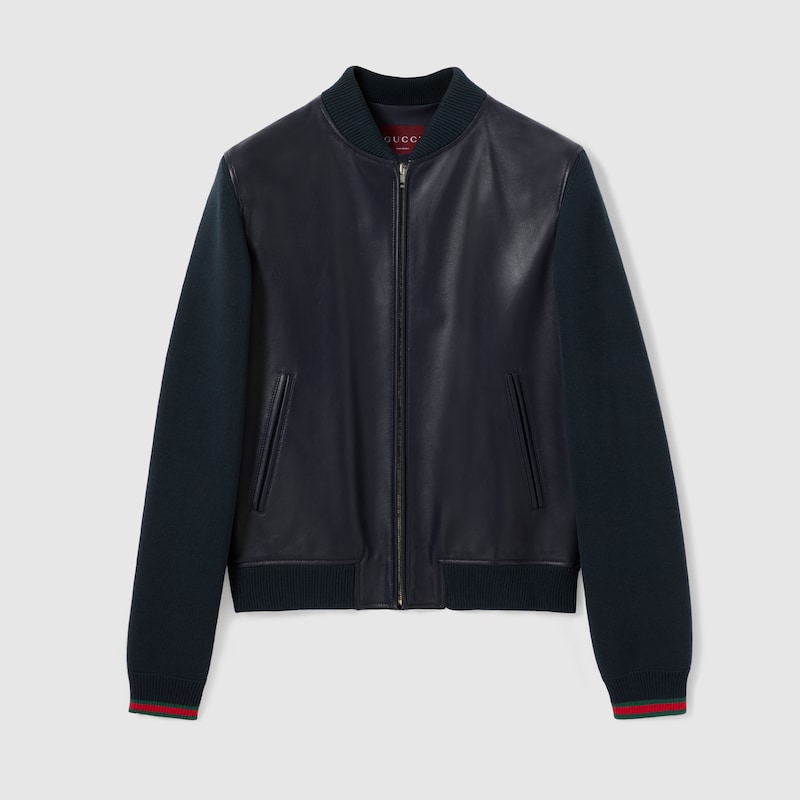 Gucci Nappa Leather And Knit Bomber Jacket In Blue