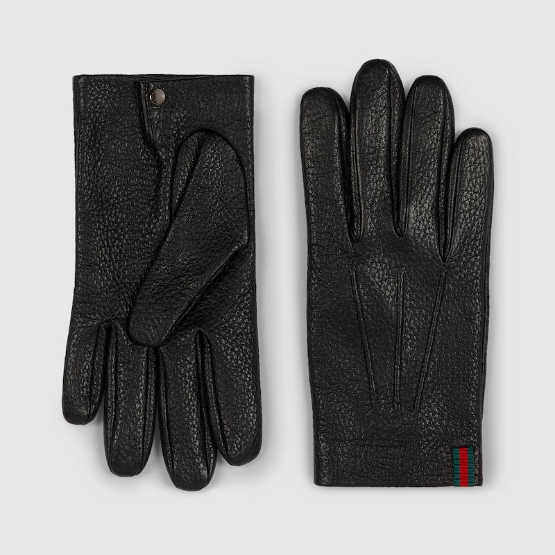 Gucci Grainy Leather Gloves With Web In Black