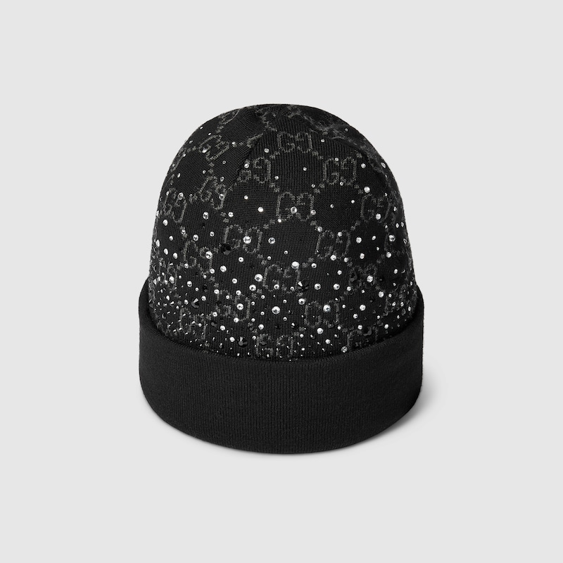 Gucci Gg Wool Beanie Hat With Crystals In Black
