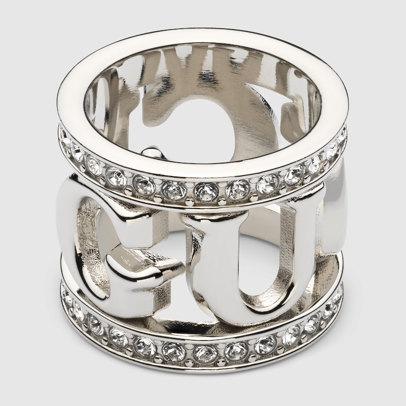 Gucci Logo Carré Ring With Crystals In Metallic