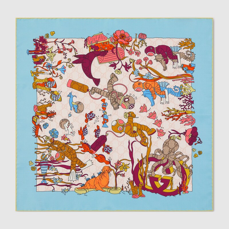 Gucci Vierecktuch Aus Seide Mit Print In Blue