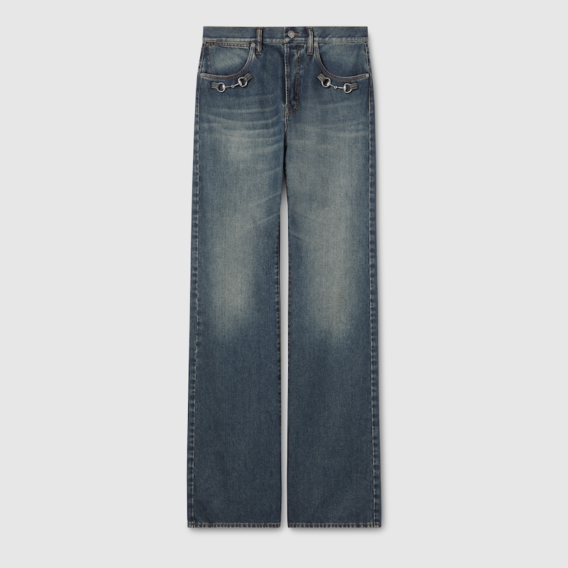 Cotton Denim Pants With Horsebit Detail