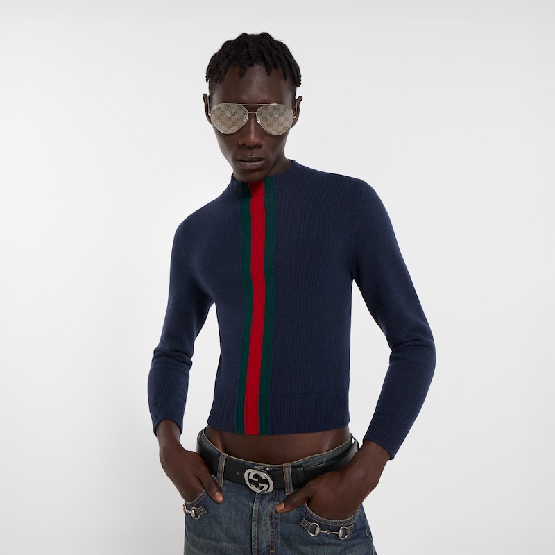 Gucci Fine Knit Wool Sweater With Web | Thumbnail 3 Gucci Fine Knit Wool Sweater With Web | Thumbnail 3