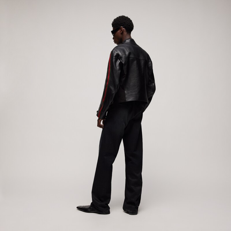 Gucci Leather Biker Jacket With Web Detail | Thumbnail 3