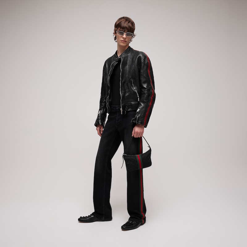 Gucci Buffalo Leather Biker Jacket With Web | Thumbnail 2 Gucci Buffalo Leather Biker Jacket With Web | Thumbnail 2