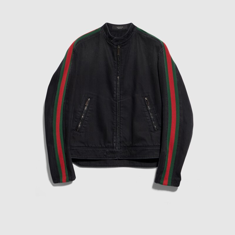 Gucci Cotton Denim Biker Jacket With Web In Black