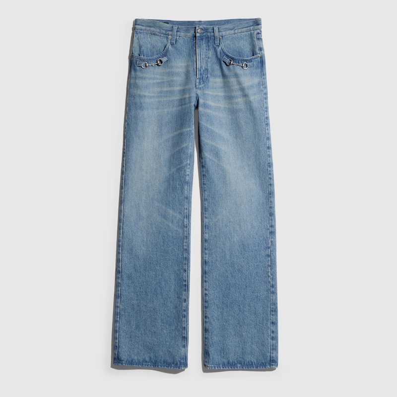 Flared Cotton Denim Pants With Horsebit