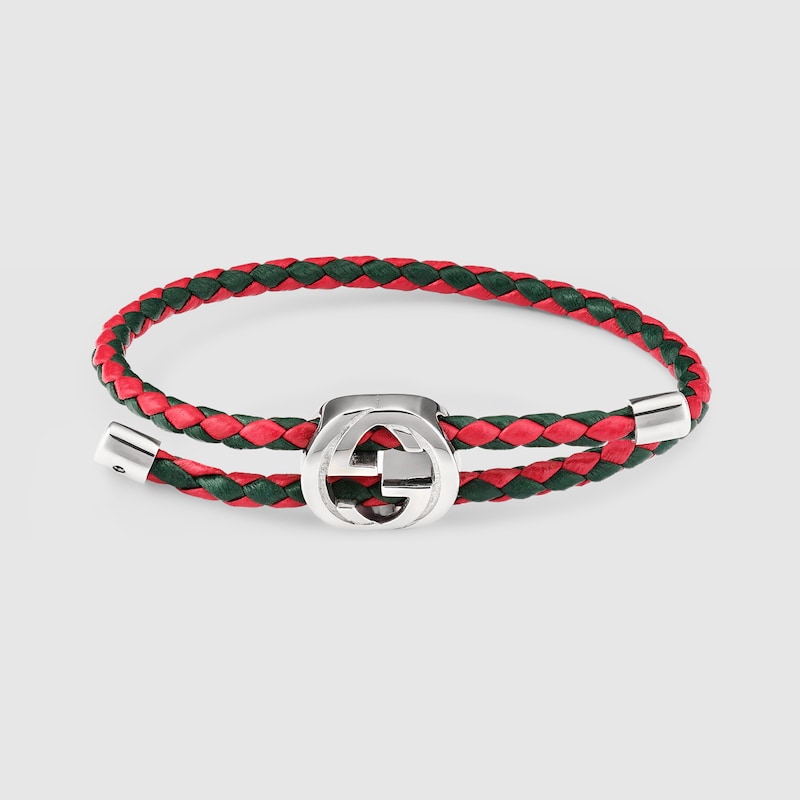Gucci Braided Leather Bracelet With Web