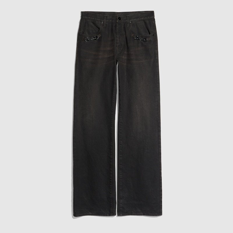 Flared Cotton Denim Pants With Horsebit Flared Cotton Denim Pants With Horsebit