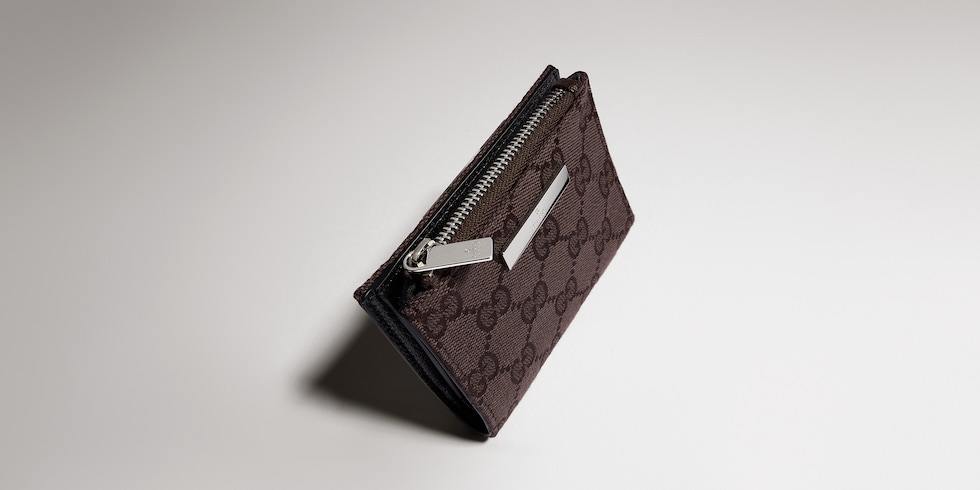 Small wallet with Gucci plaque in dark brown GG canvas | GUCCI® UK