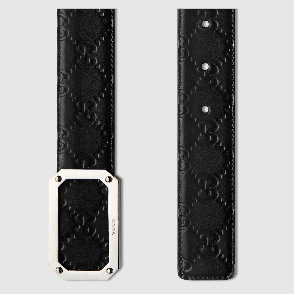 Black Gucci Signature Leather Belt With Rectangle Buckle
