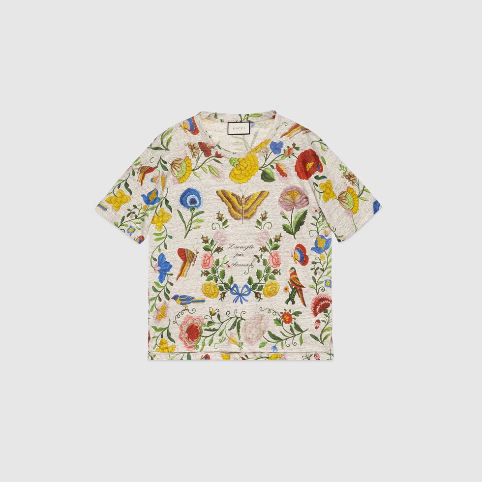 Floral print linen T shirt in grey linen jersey GUCCI Australia