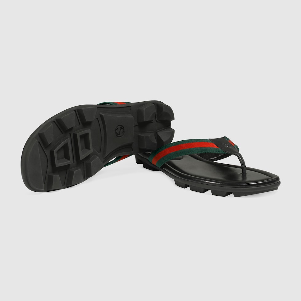 Black Leather Web And Thong Sandal GUCCI Canada