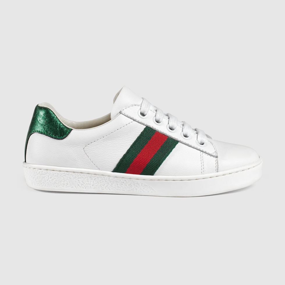 Children's Ace Sneaker White Leather With Green & Red Web | GUCCI® AE
