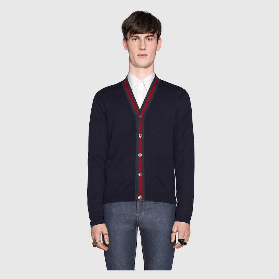 Wool cardigan with  in Ink blue wool Gucci Men's Sweaters & Cardigans
