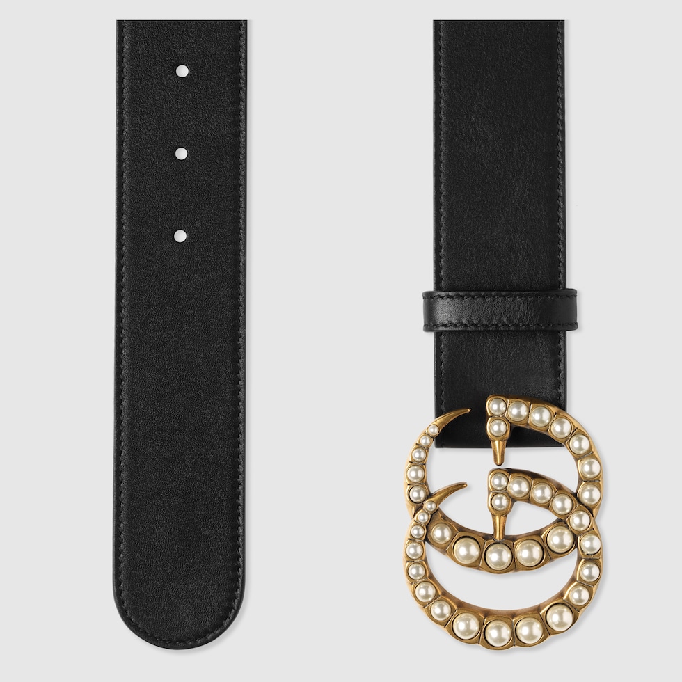Gucci ダブルGバックル ベルト パール付き ダブルG ワイド ベルト ・ブラック レザー | GUCCI公式