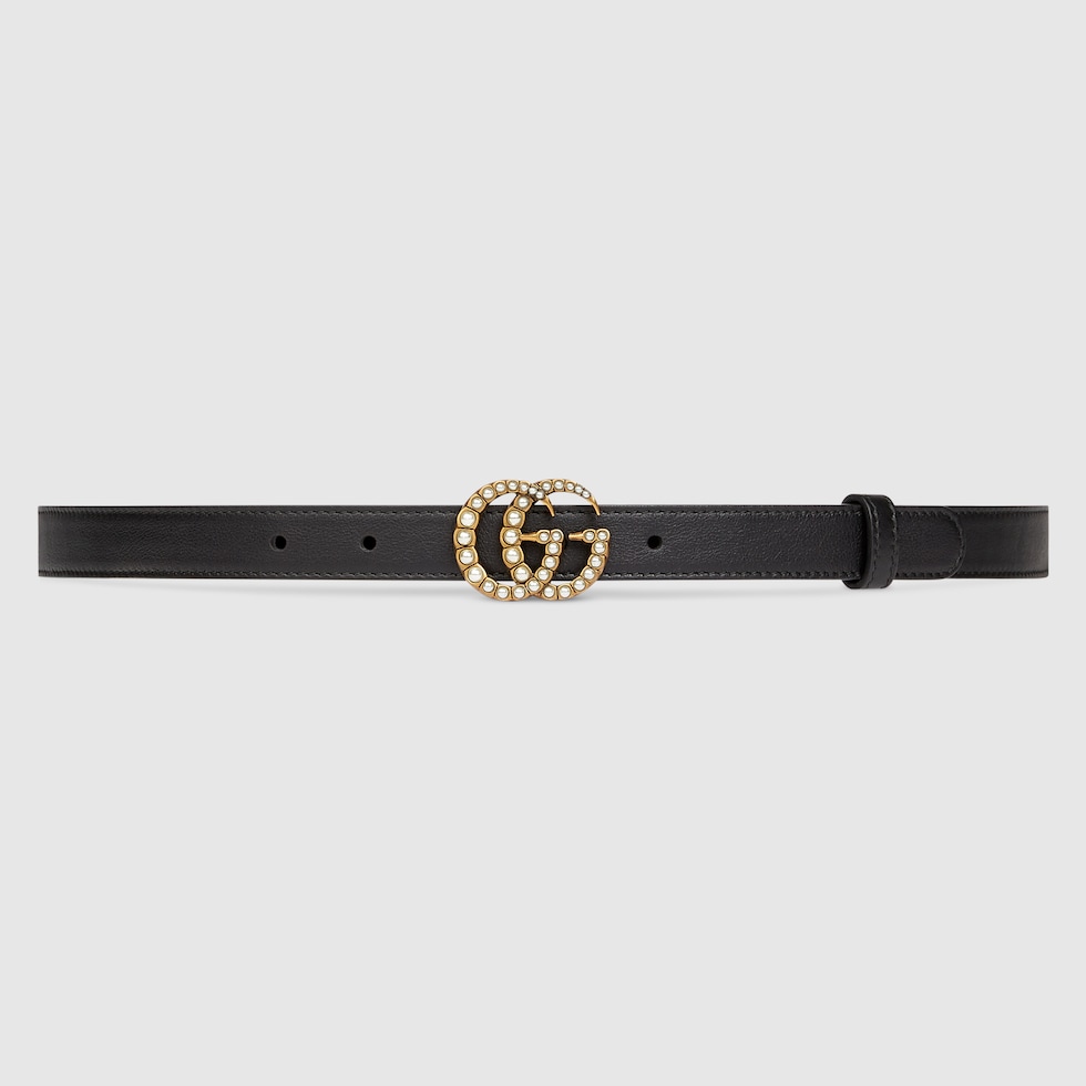 Black Leather Belt With Pearl Double G Buckle | GUCCI® Australia