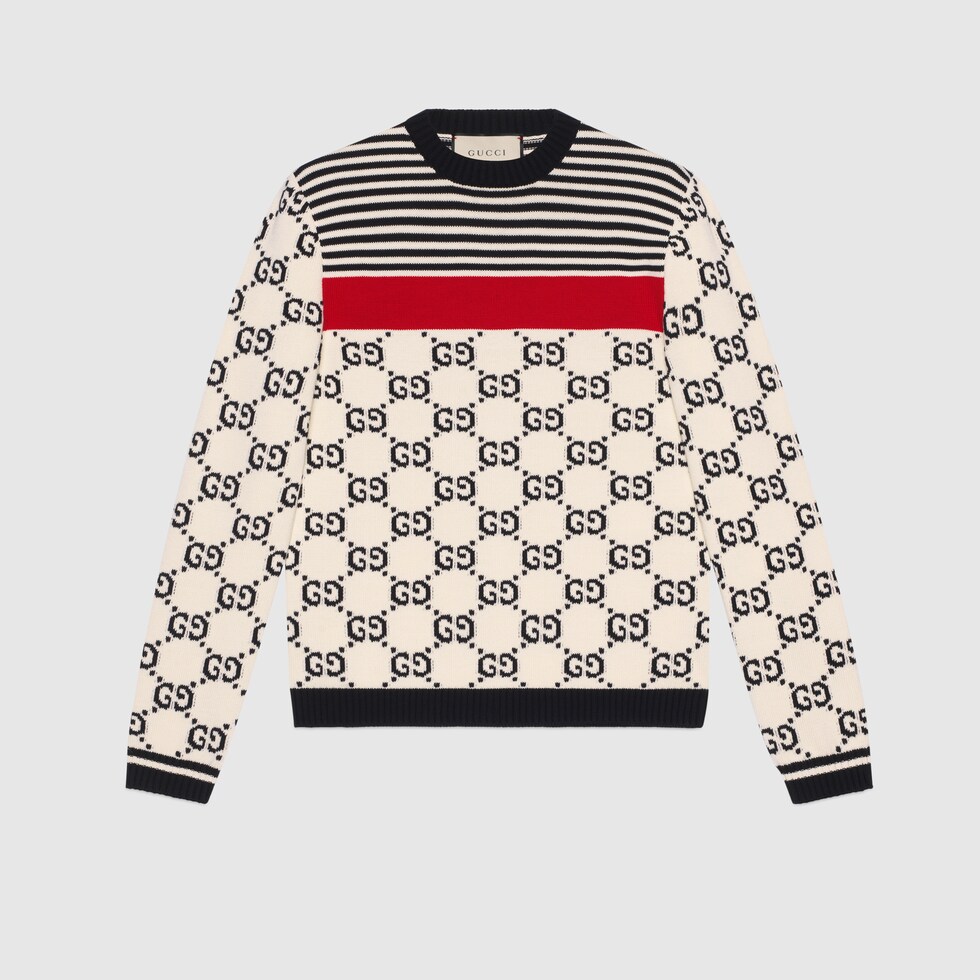 GG intarsia cotton sweater in White with dark blue stripes and GG