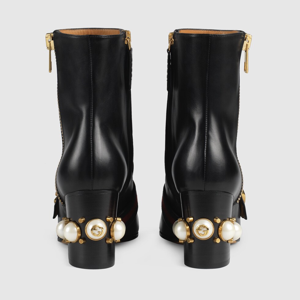 black leather mid heel ankle boots
