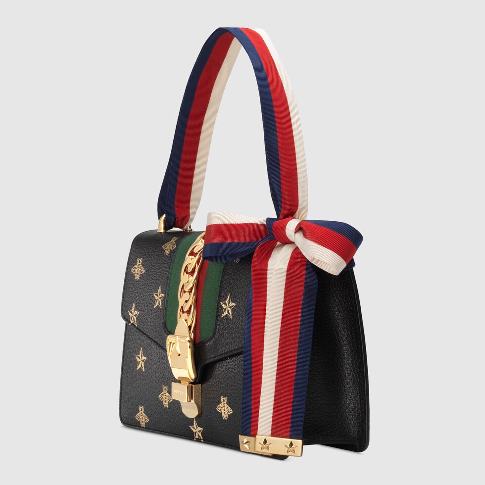Black Leather Sylvie Bee Star Small Shoulder Bag GUCCI® UK