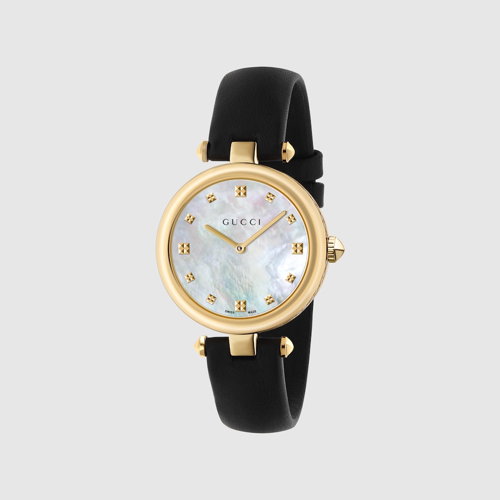 GUCCI 141.5 ディアマンティッシマ シェル ダイヤ ラウンド 腕時計 ディアマンティッシマ ウォッチ、32mm ・ブラックレザー | GUCCI公式