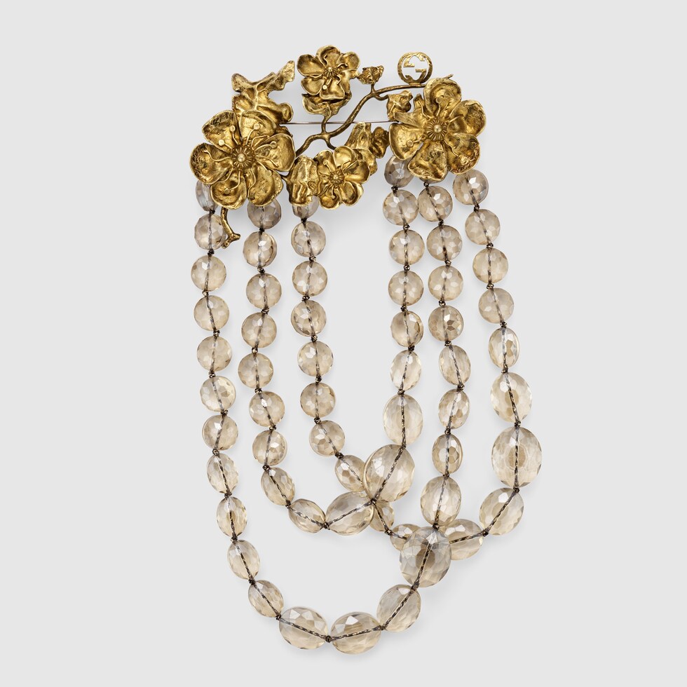 Aged Gold Finish Beaded Brooch With Floral Detail GUCCI® US