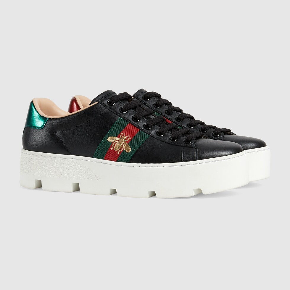 Women's Ace Platform Sneaker Black Leather With Bee | GUCCI® UK