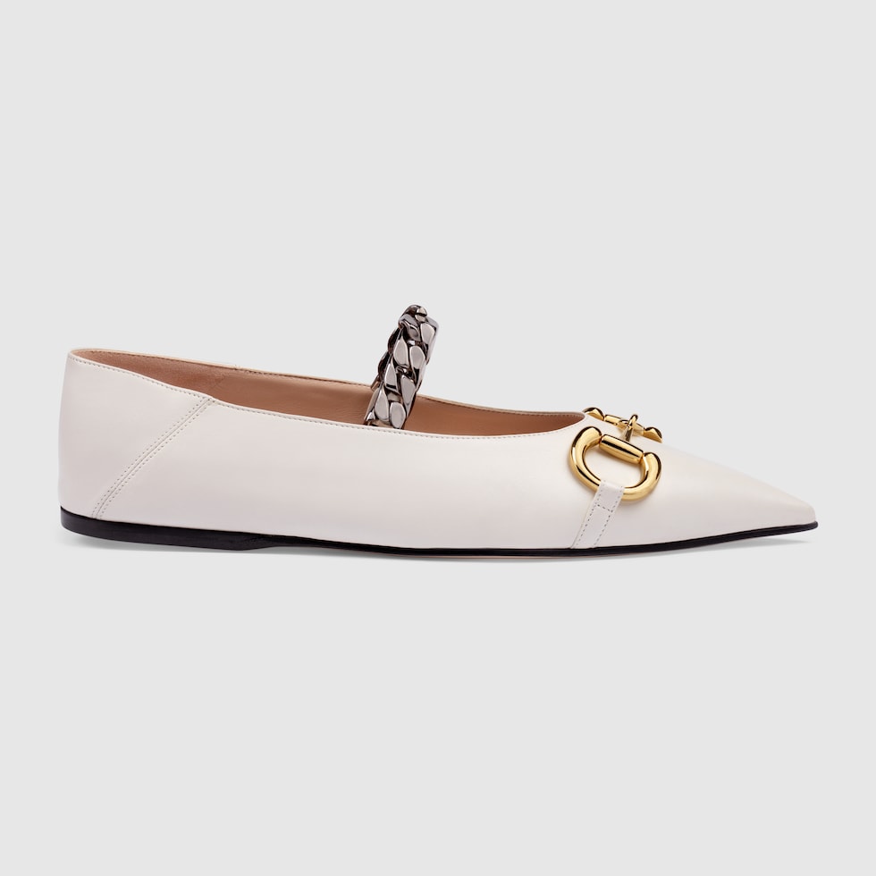 Women's leather ballet flat with Horsebit in white leather GUCCI® US