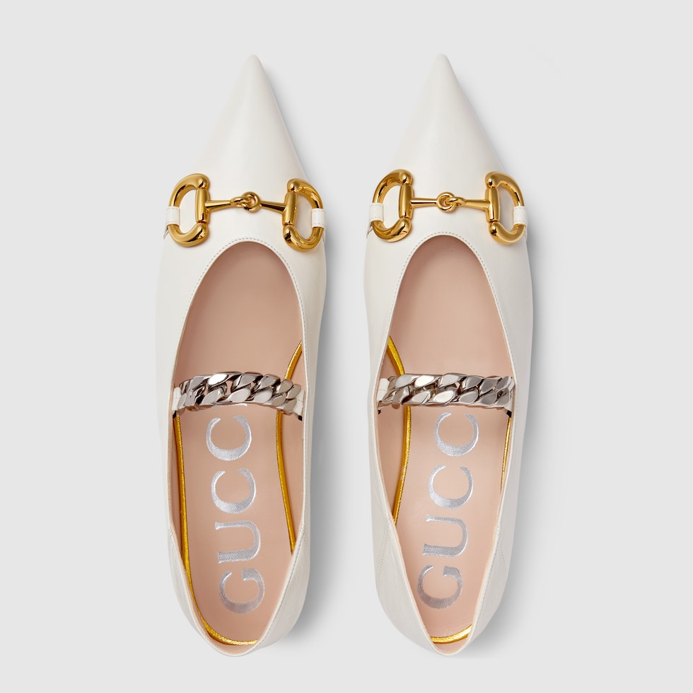Women's leather ballet flat with Horsebit in white leather GUCCI® SI