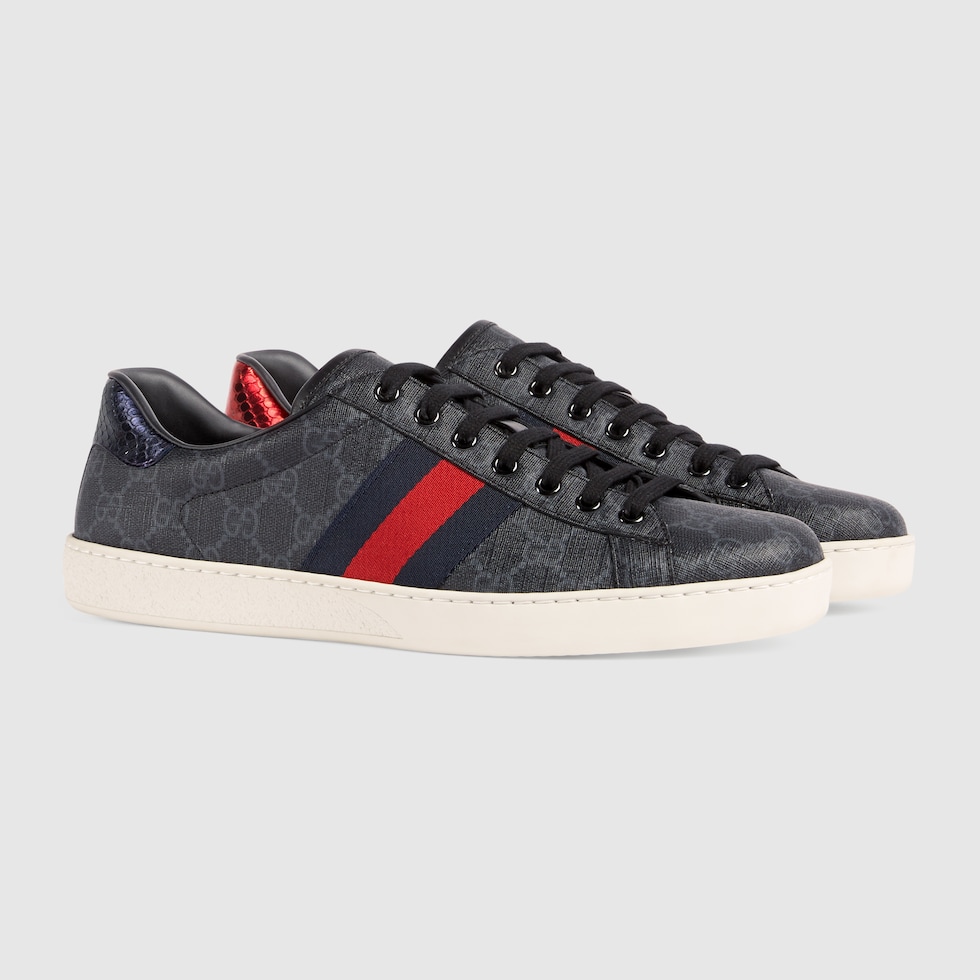 Men's Ace Sneaker Black GG Supreme Canvas With Blue & Red