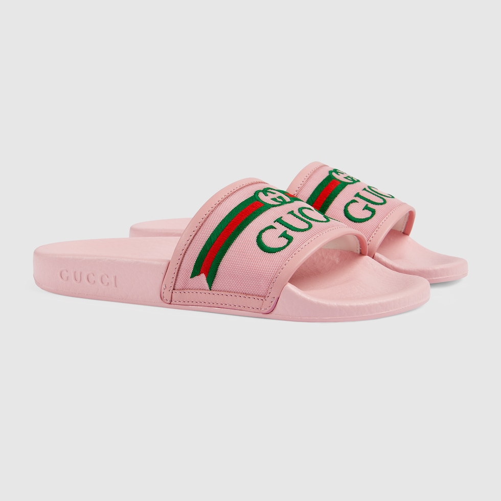 pink gucci fur slides