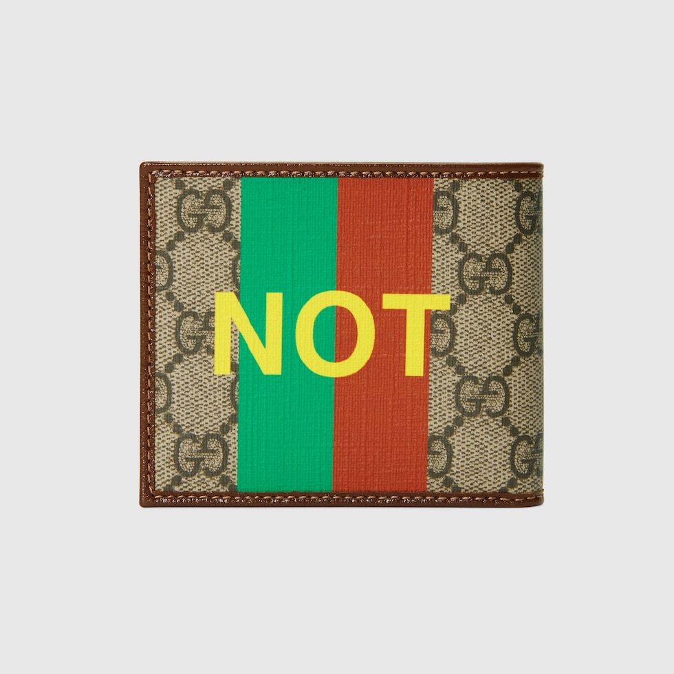 Beige 'Fake/Not' print billfold wallet | GUCCI® UK