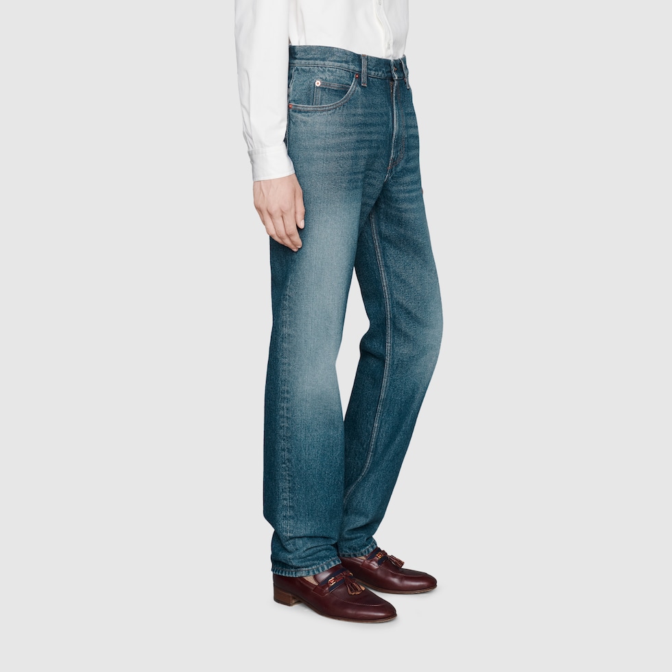 Regular fit washed jeans in blue | GUCCI® US