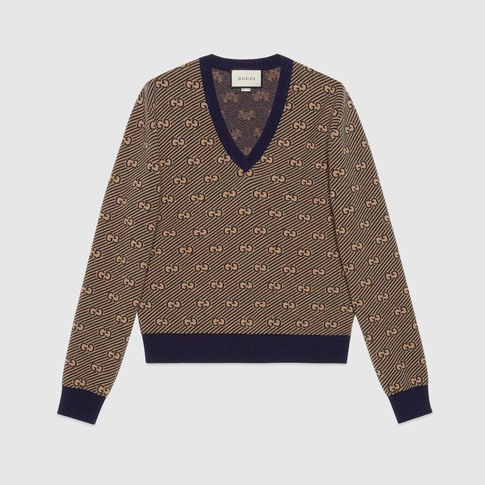 GG stripe wool Vneck jumper in dark blue and camel GUCCI® SI