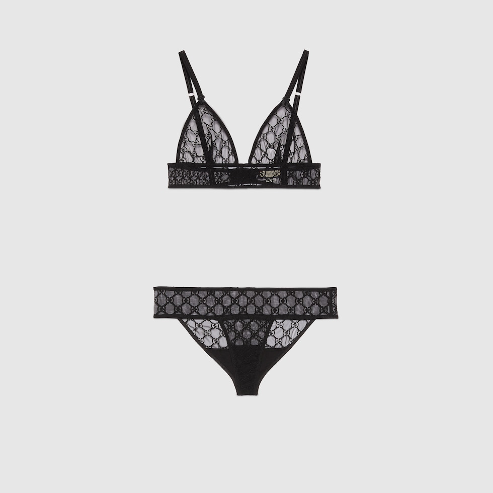GG embroidered tulle lingerie set in black | GUCCI® SI