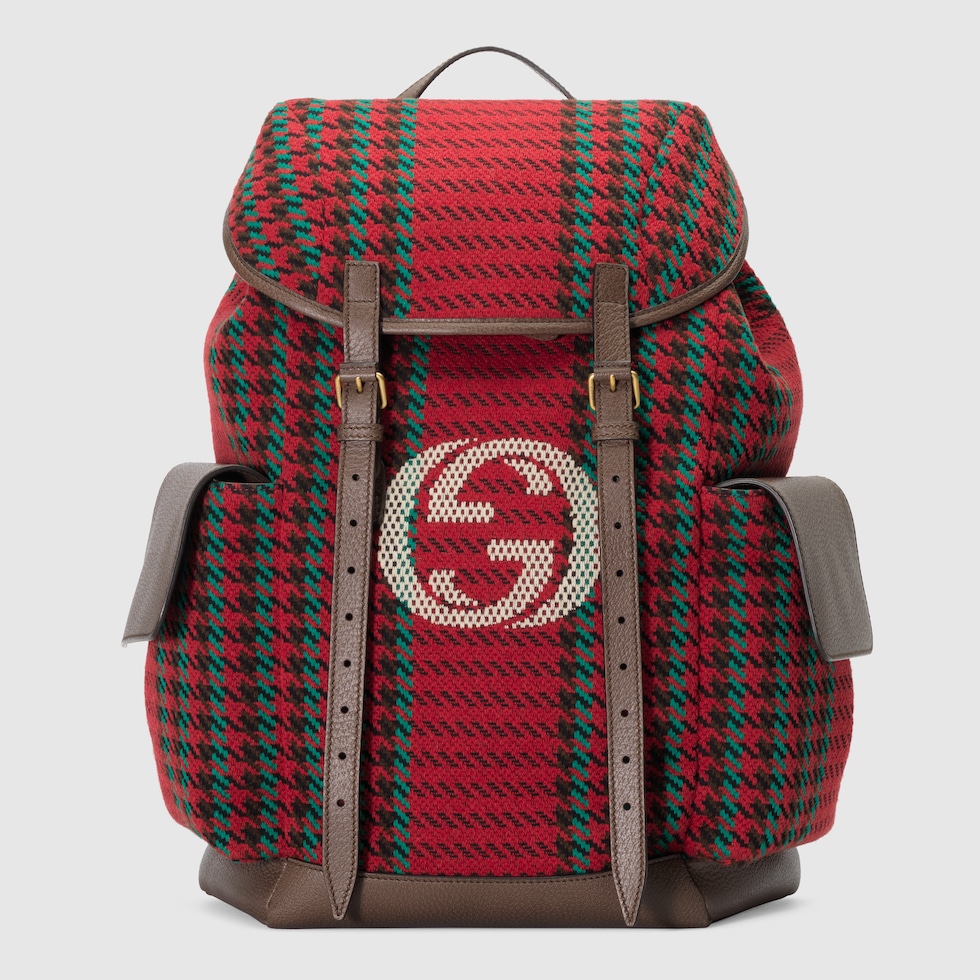 Medium backpack with Interlocking G in red and green wool GUCCI